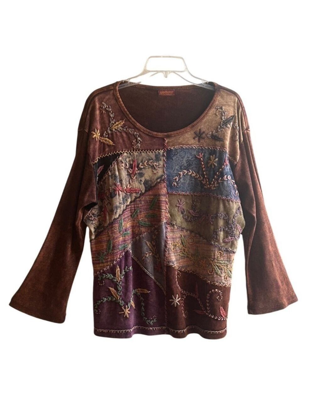 Vintage Windhorse Boho Patchwork Embroidered Long Sleeve Wearable Art Top - Picture 3 of 12